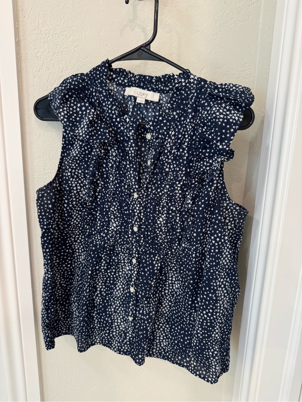 LOFT Navy and White Star-Print Ruffle Button-up Sleeveless Blouse